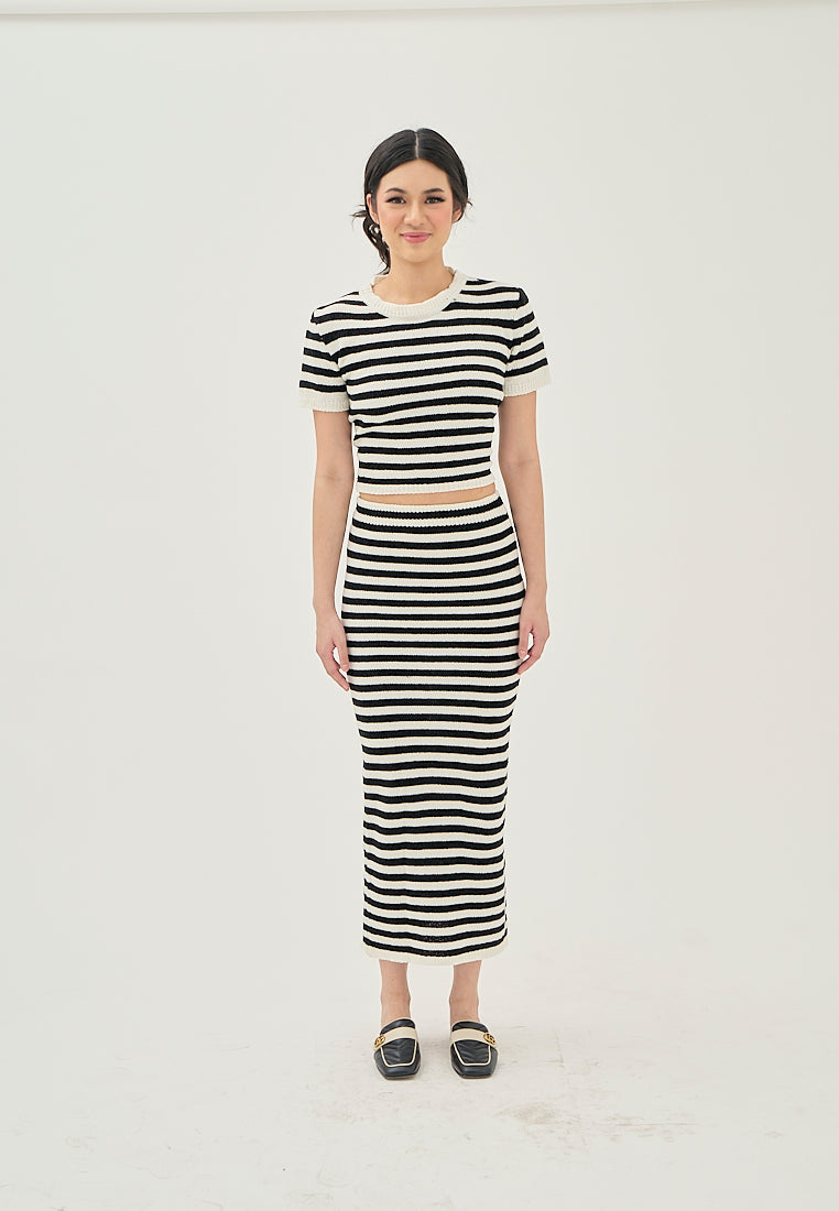 Libby Black and White Stripes Elastic Waist Knitted Midi Skirt