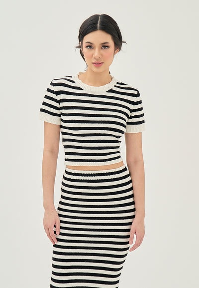 Libby Black and White Stripes Elastic Waist Knitted Midi Skirt