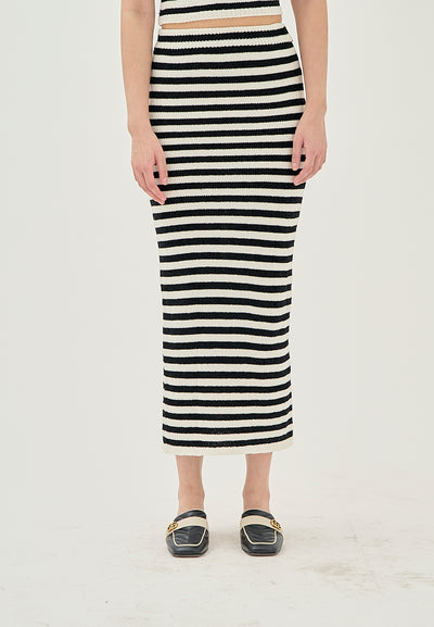 Libby Black and White Stripes Elastic Waist Knitted Midi Skirt