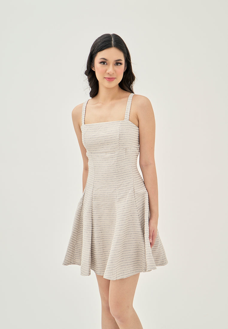 Ambria Off White and Black Plaid Tweed Pleated Back Zipper Sleeveless Mini Dress