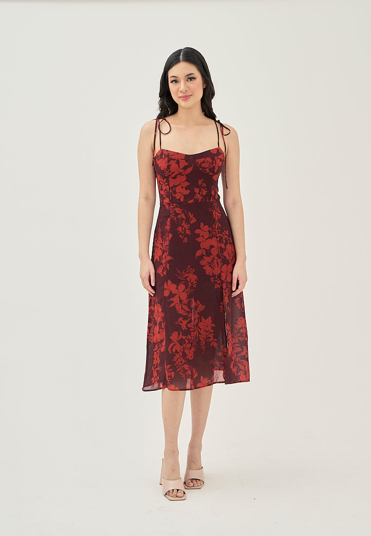 (PRE-ORDER: ETA August 5,2024)Armelle Wine Red Floral All Over Print Shaped Bust Sleeveless Self Tie Side Slit Midi Dress