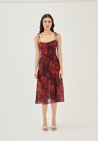 (PRE-ORDER: ETA August 5,2024)Armelle Wine Red Floral All Over Print Shaped Bust Sleeveless Self Tie Side Slit Midi Dress