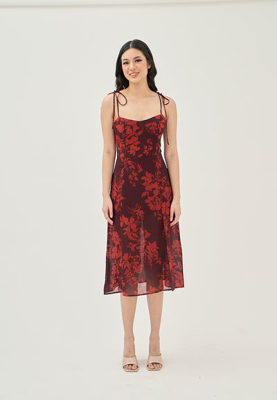 (PRE-ORDER: ETA August 5,2024)Armelle Wine Red Floral All Over Print Shaped Bust Sleeveless Self Tie Side Slit Midi Dress