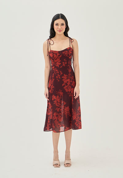 Armelle Wine Red Floral All Over Print Shaped Bust Sleeveless Self Tie Side Slit Midi Dress