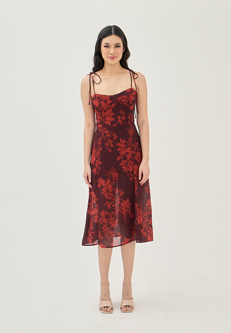 (PRE-ORDER: ETA August 5,2024)Armelle Wine Red Floral All Over Print Shaped Bust Sleeveless Self Tie Side Slit Midi Dress