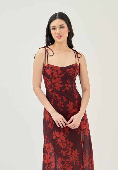 (PRE-ORDER: ETA August 5,2024)Armelle Wine Red Floral All Over Print Shaped Bust Sleeveless Self Tie Side Slit Midi Dress