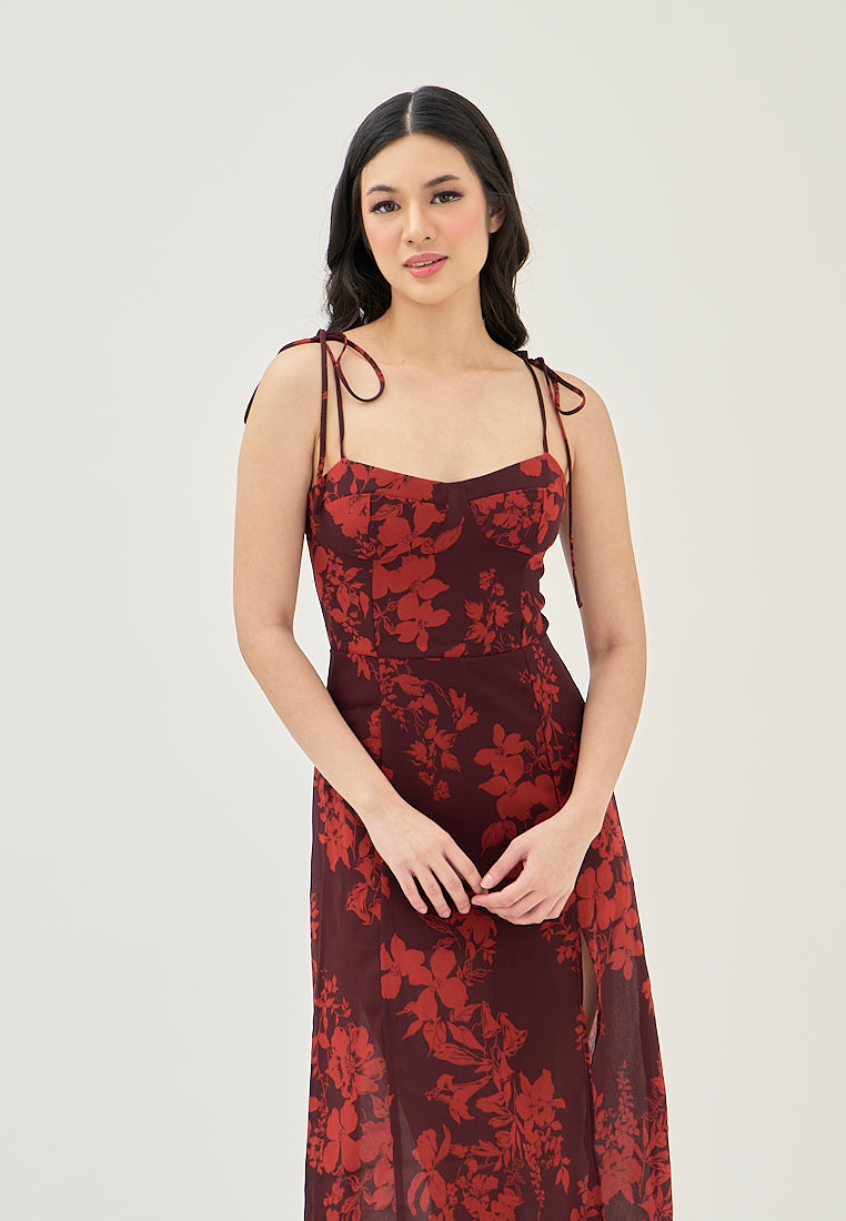 (PRE-ORDER: ETA August 5,2024)Armelle Wine Red Floral All Over Print Shaped Bust Sleeveless Self Tie Side Slit Midi Dress