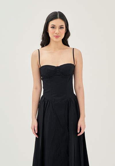 (PRE-ORDER: ETA November 10) Hiraya Black Sweetheart Neckline Shaped Bust Back Zipper Pleated Skirt Sleeveless Midi Dress