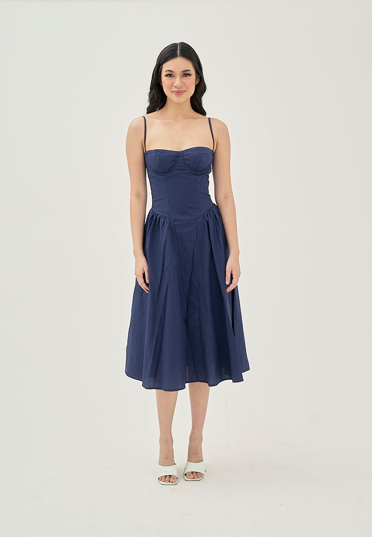 Hiraya Navy Blue Sweetheart Neckline Shaped Bust Back Zipper Pleated Skirt Sleeveless Midi Dress