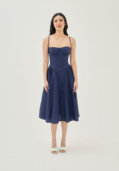 Hiraya Navy Blue Sweetheart Neckline Shaped Bust Back Zipper Pleated Skirt Sleeveless Midi Dress