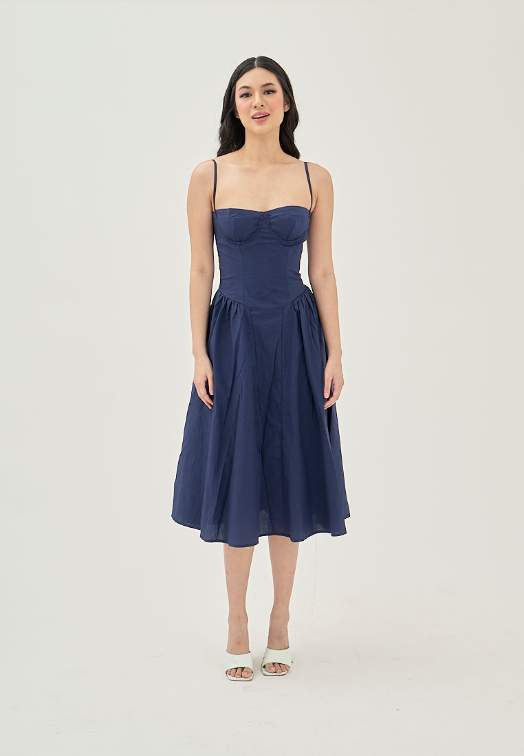 Hiraya Navy Blue Sweetheart Neckline Shaped Bust Back Zipper Pleated Skirt Sleeveless Midi Dress