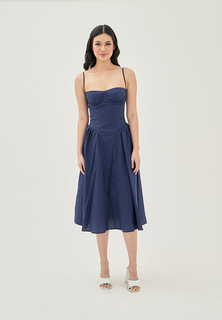 Hiraya Navy Blue Sweetheart Neckline Shaped Bust Back Zipper Pleated Skirt Sleeveless Midi Dress