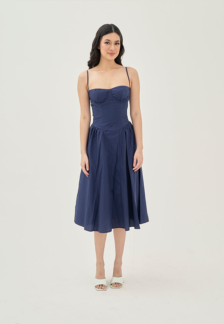 Hiraya Navy Blue Sweetheart Neckline Shaped Bust Back Zipper Pleated Skirt Sleeveless Midi Dress