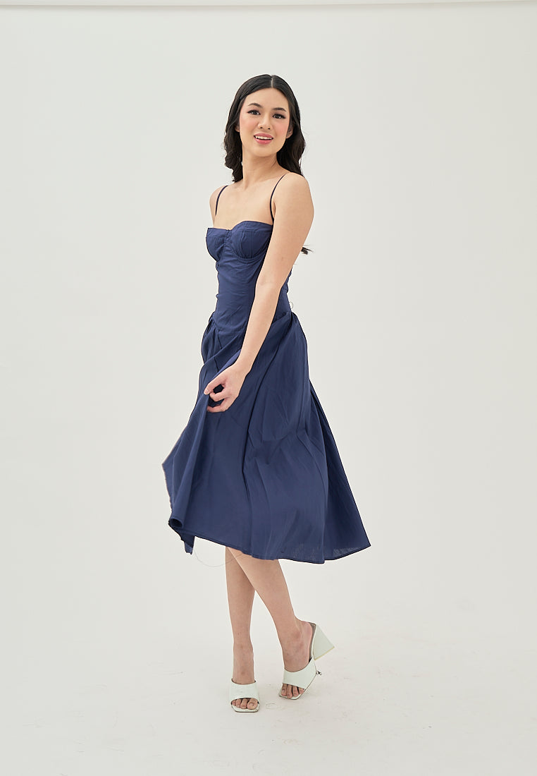 Hiraya Navy Blue Sweetheart Neckline Shaped Bust Back Zipper Pleated Skirt Sleeveless Midi Dress