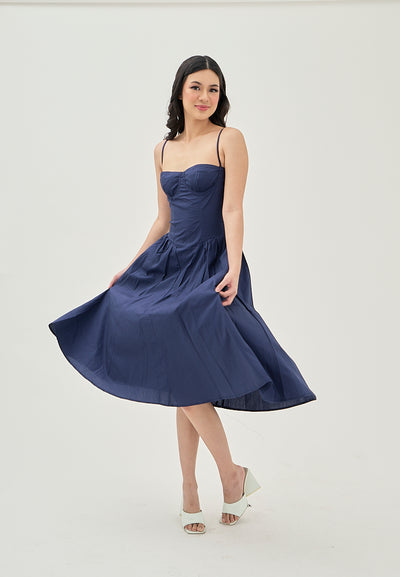 Hiraya Navy Blue Sweetheart Neckline Shaped Bust Back Zipper Pleated Skirt Sleeveless Midi Dress