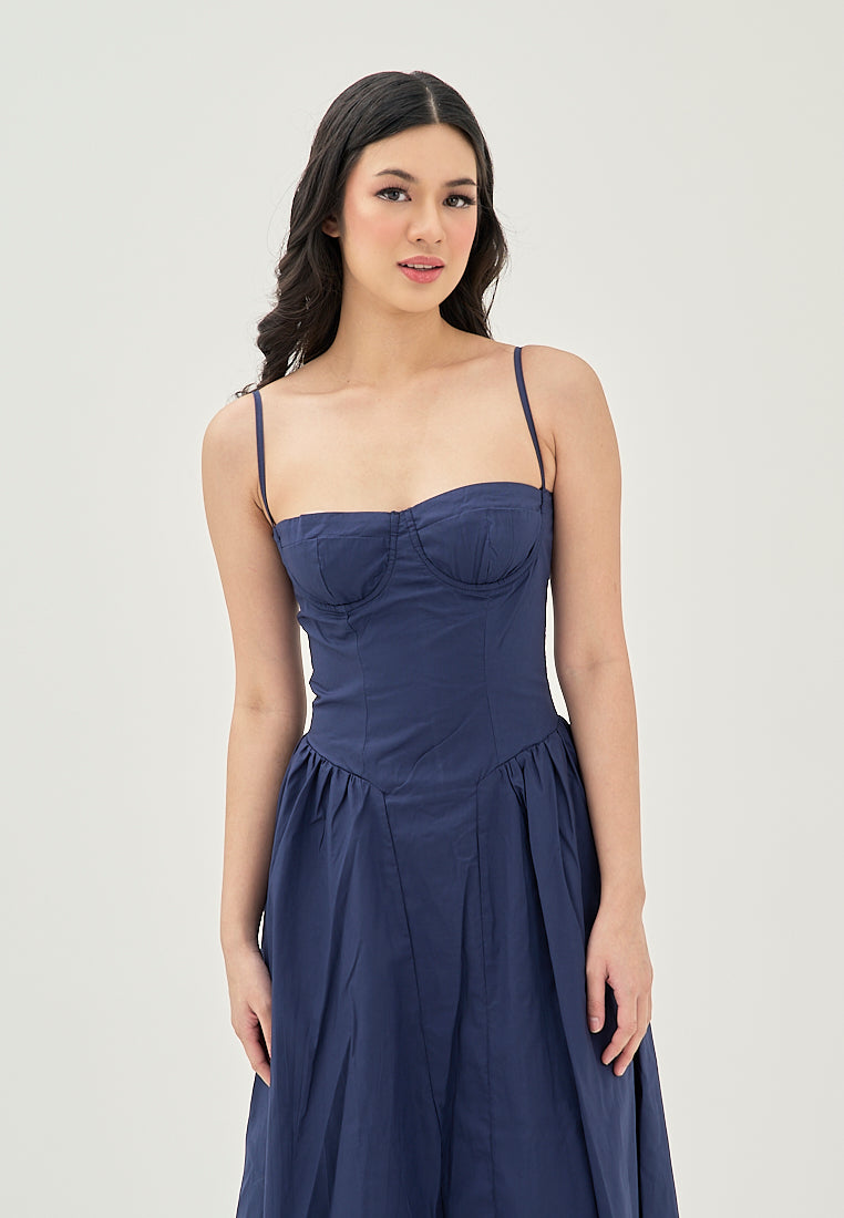 Hiraya Navy Blue Sweetheart Neckline Shaped Bust Back Zipper Pleated Skirt Sleeveless Midi Dress