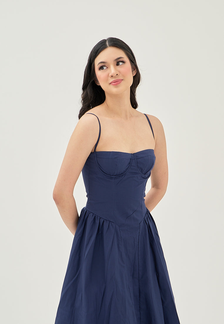 Hiraya Navy Blue Sweetheart Neckline Shaped Bust Back Zipper Pleated Skirt Sleeveless Midi Dress