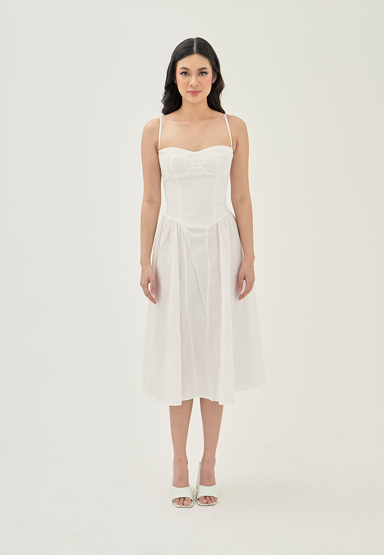 Hiraya  White Sweetheart Neckline Shaped Bust Back Zipper Pleated Skirt Sleeveless Midi Dress