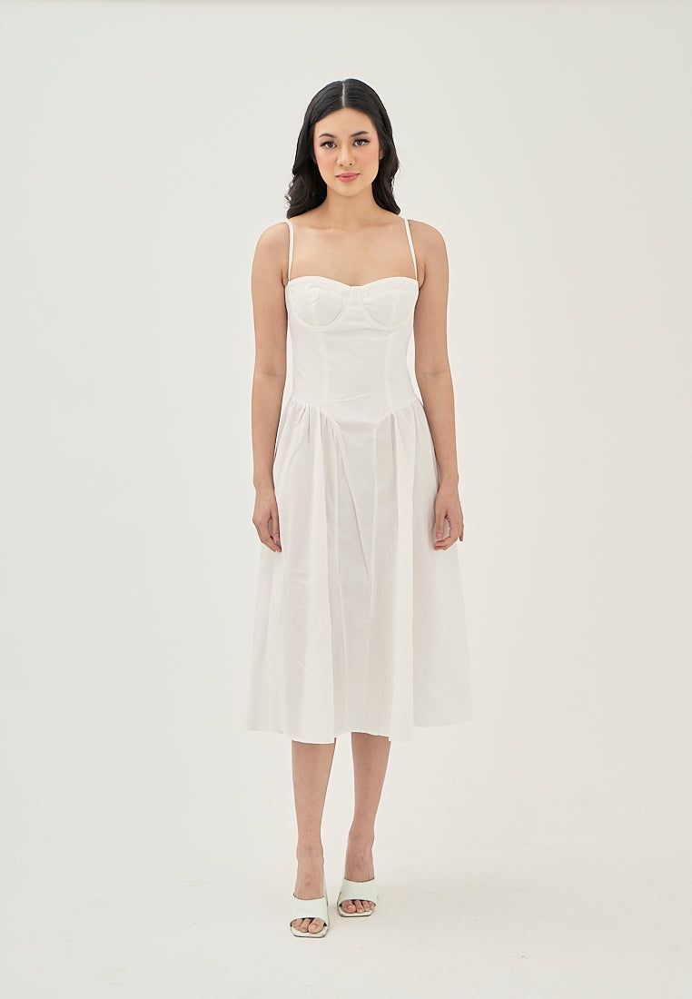 Hiraya  White Sweetheart Neckline Shaped Bust Back Zipper Pleated Skirt Sleeveless Midi Dress