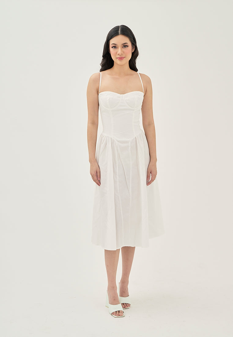 Hiraya  White Sweetheart Neckline Shaped Bust Back Zipper Pleated Skirt Sleeveless Midi Dress