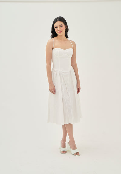 Hiraya  White Sweetheart Neckline Shaped Bust Back Zipper Pleated Skirt Sleeveless Midi Dress