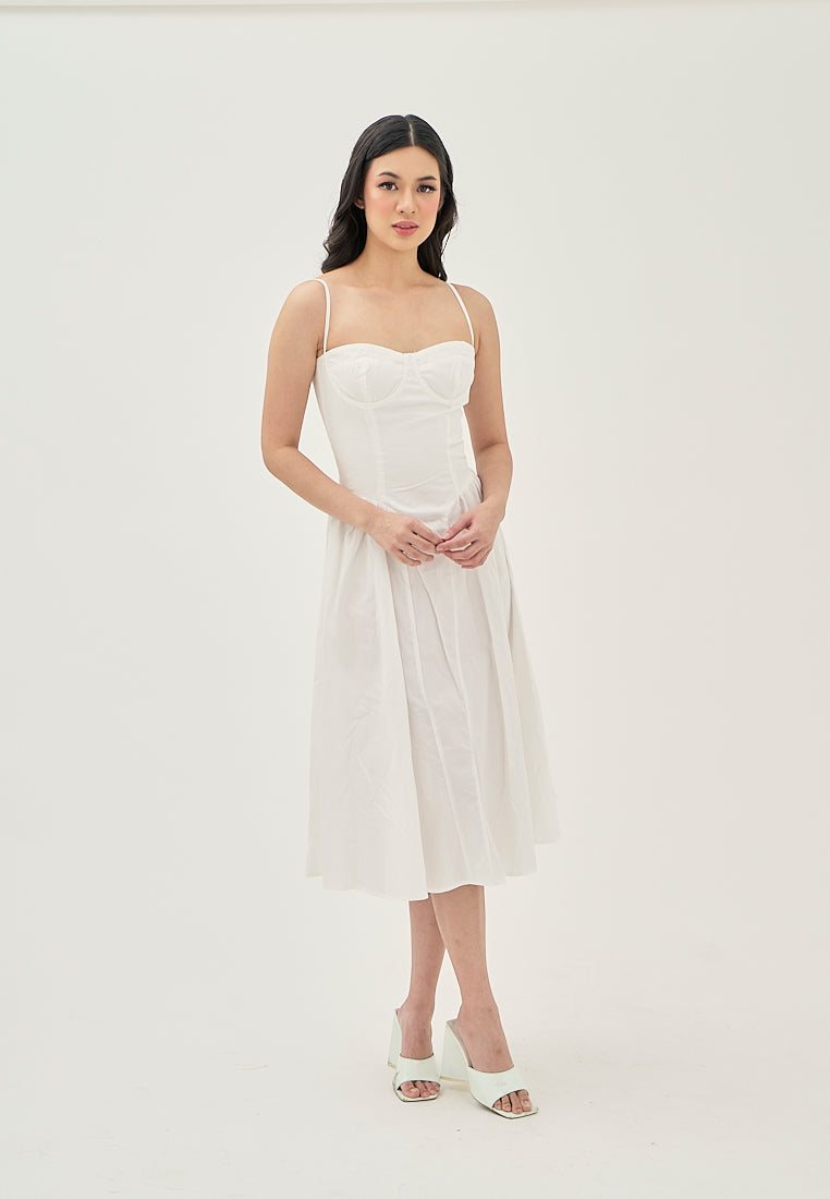 Hiraya  White Sweetheart Neckline Shaped Bust Back Zipper Pleated Skirt Sleeveless Midi Dress