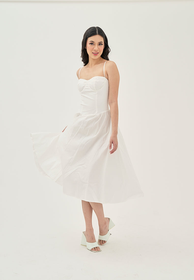 Hiraya  White Sweetheart Neckline Shaped Bust Back Zipper Pleated Skirt Sleeveless Midi Dress