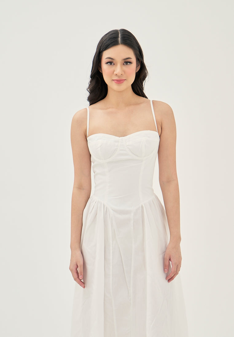 Hiraya  White Sweetheart Neckline Shaped Bust Back Zipper Pleated Skirt Sleeveless Midi Dress