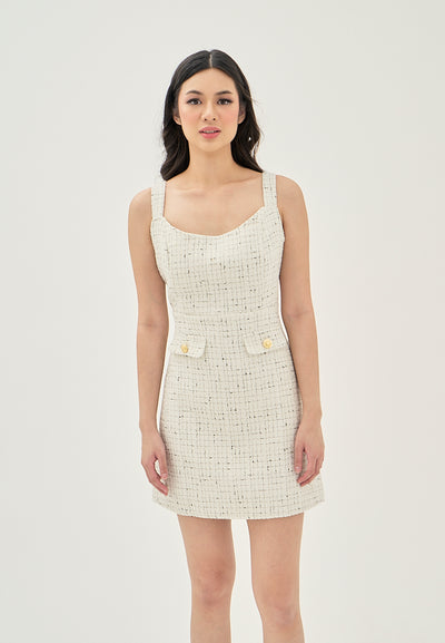 Trishna White with Black Front Gold Buttons Tweed Sleeveless Mini Dress