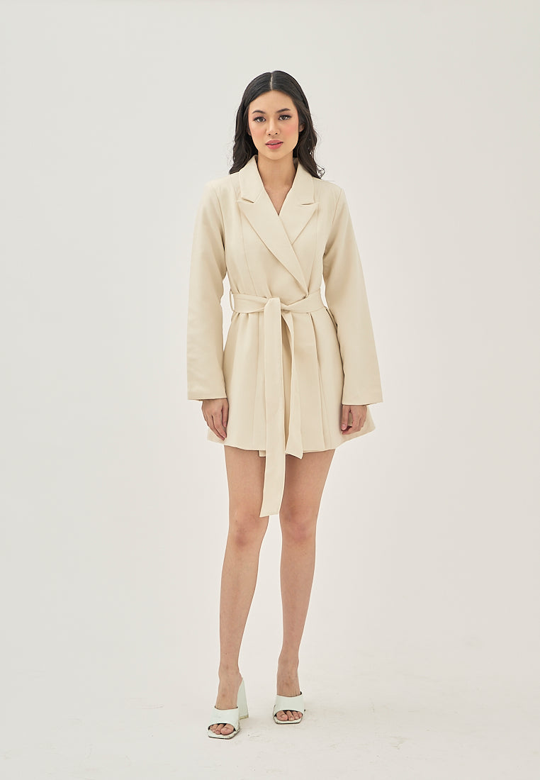 Mericliz Beige Notched Collar Ovelap Sashes Long Sleeve Blazer Mini Dress