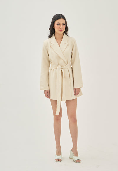 Mericliz Beige Notched Collar Ovelap Sashes Long Sleeve Blazer Mini Dress