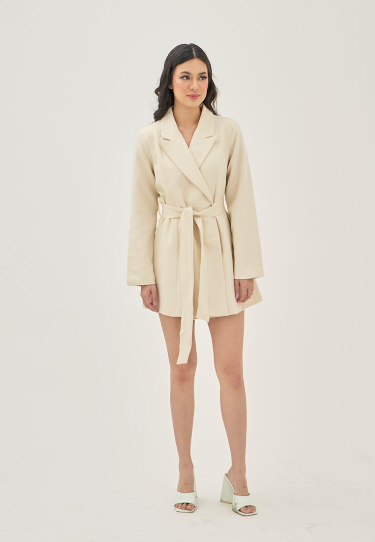 Mericliz Beige Notched Collar Ovelap Sashes Long Sleeve Blazer Mini Dress