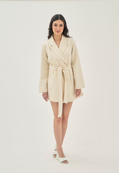 Mericliz Beige Notched Collar Ovelap Sashes Long Sleeve Blazer Mini Dress