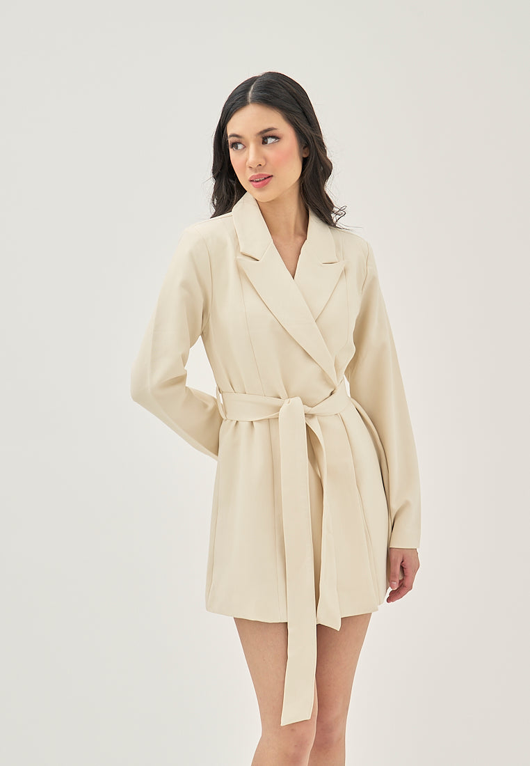 Mericliz Beige Notched Collar Ovelap Sashes Long Sleeve Blazer Mini Dress