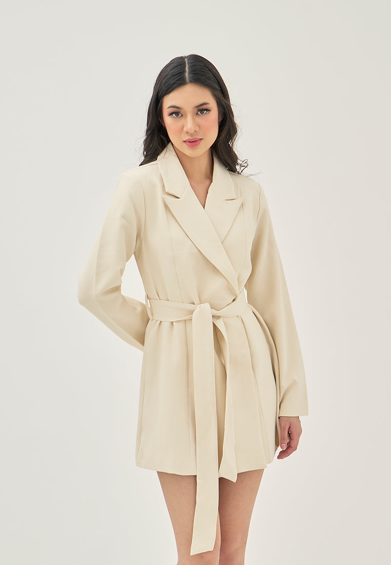 Mericliz Beige Notched Collar Ovelap Sashes Long Sleeve Blazer Mini Dress