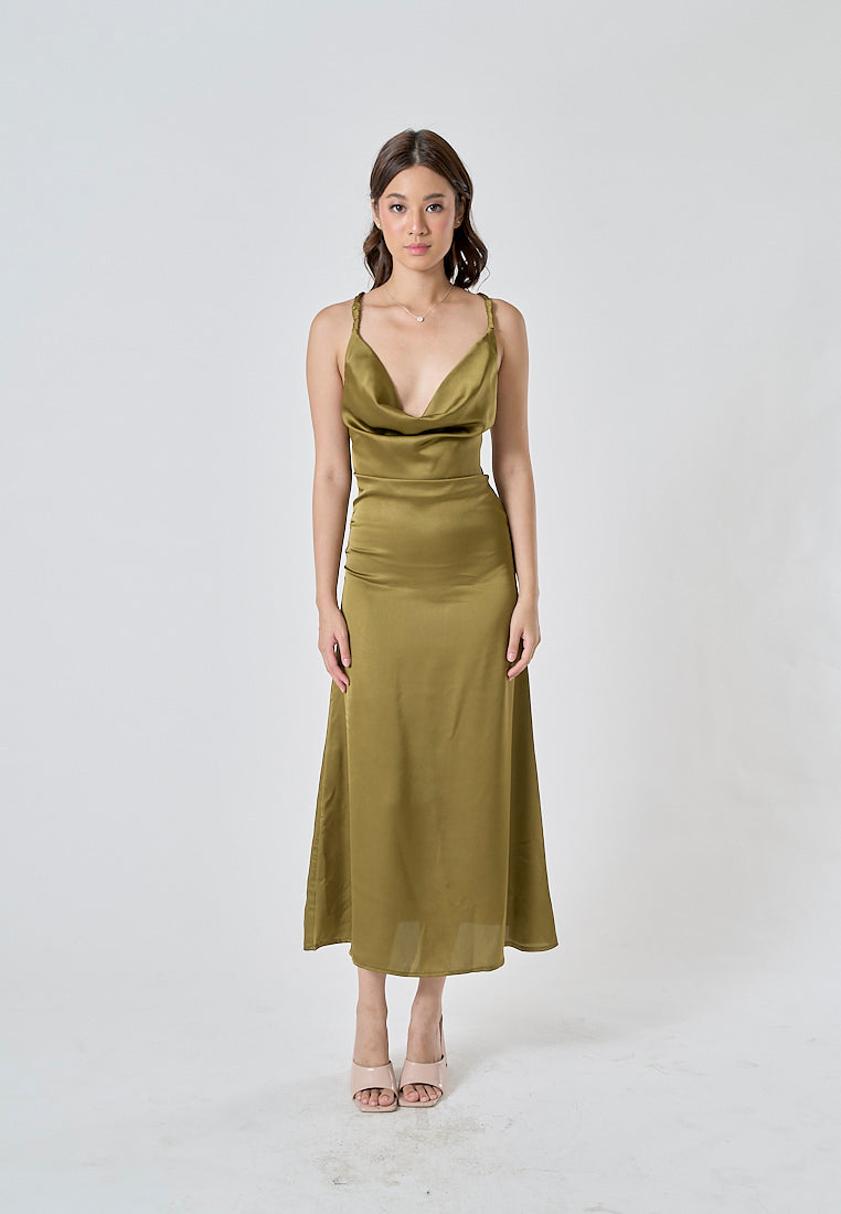 Odelia Green Satin Cowl Neckline Hollow Out Criss Cross Back Sleeveless Midi Dress