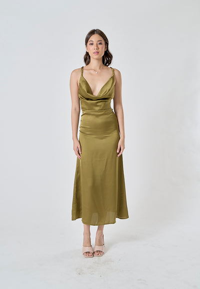 Odelia Green Satin Cowl Neckline Hollow Out Criss Cross Back Sleeveless Midi Dress