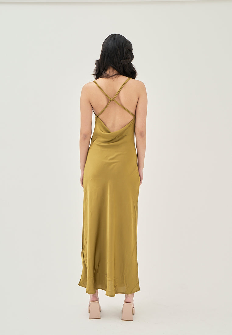 Odelia Green Satin Cowl Neckline Hollow Out Criss Cross Back Sleeveless Midi Dress