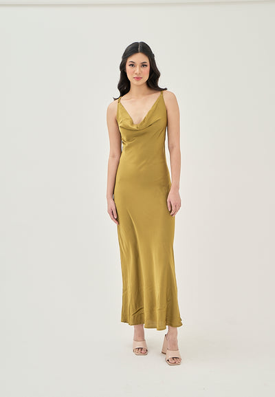 Odelia Green Satin Cowl Neckline Hollow Out Criss Cross Back Sleeveless Midi Dress