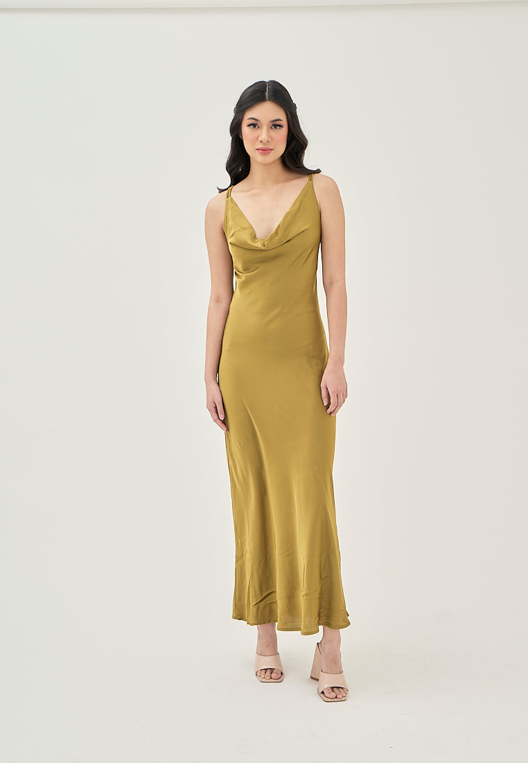 Odelia Green Satin Cowl Neckline Hollow Out Criss Cross Back Sleeveless Midi Dress