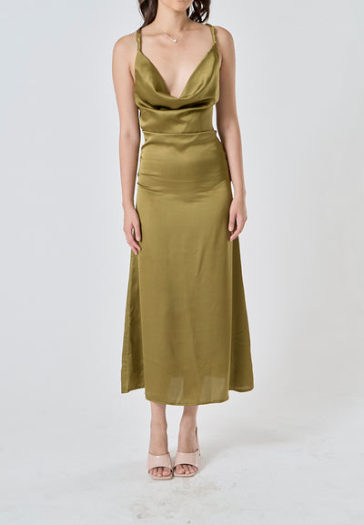 Odelia Green Satin Cowl Neckline Hollow Out Criss Cross Back Sleeveless Midi Dress