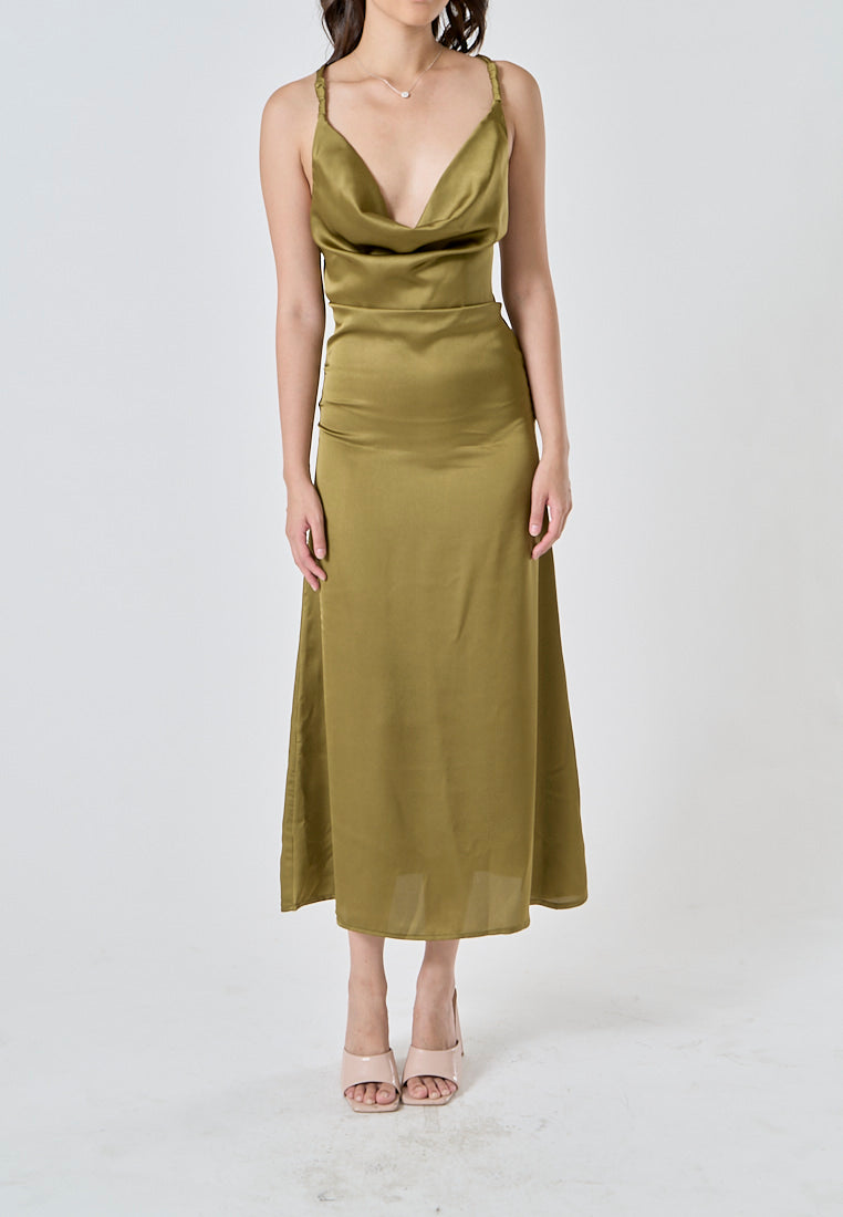 Odelia Green Satin Cowl Neckline Hollow Out Criss Cross Back Sleeveless Midi Dress