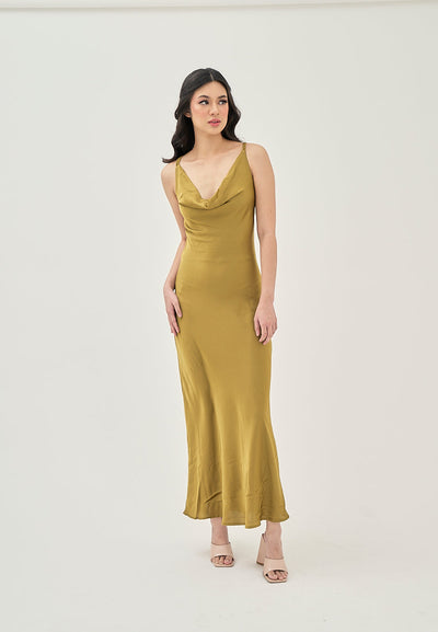 Odelia Green Satin Cowl Neckline Hollow Out Criss Cross Back Sleeveless Midi Dress