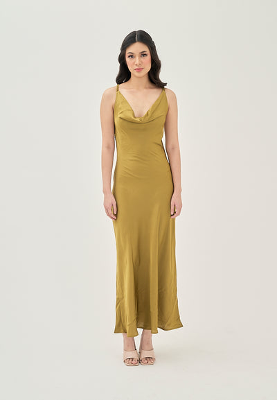 Odelia Green Satin Cowl Neckline Hollow Out Criss Cross Back Sleeveless Midi Dress