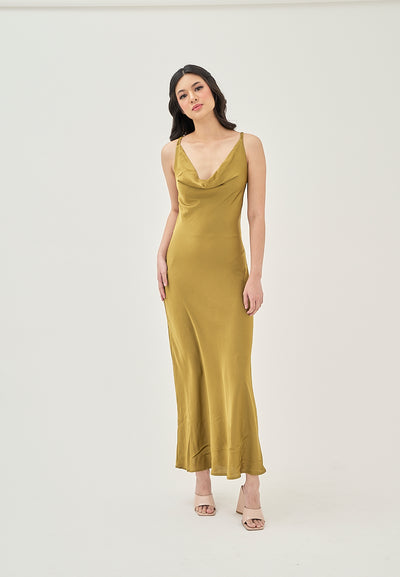 Odelia Green Satin Cowl Neckline Hollow Out Criss Cross Back Sleeveless Midi Dress