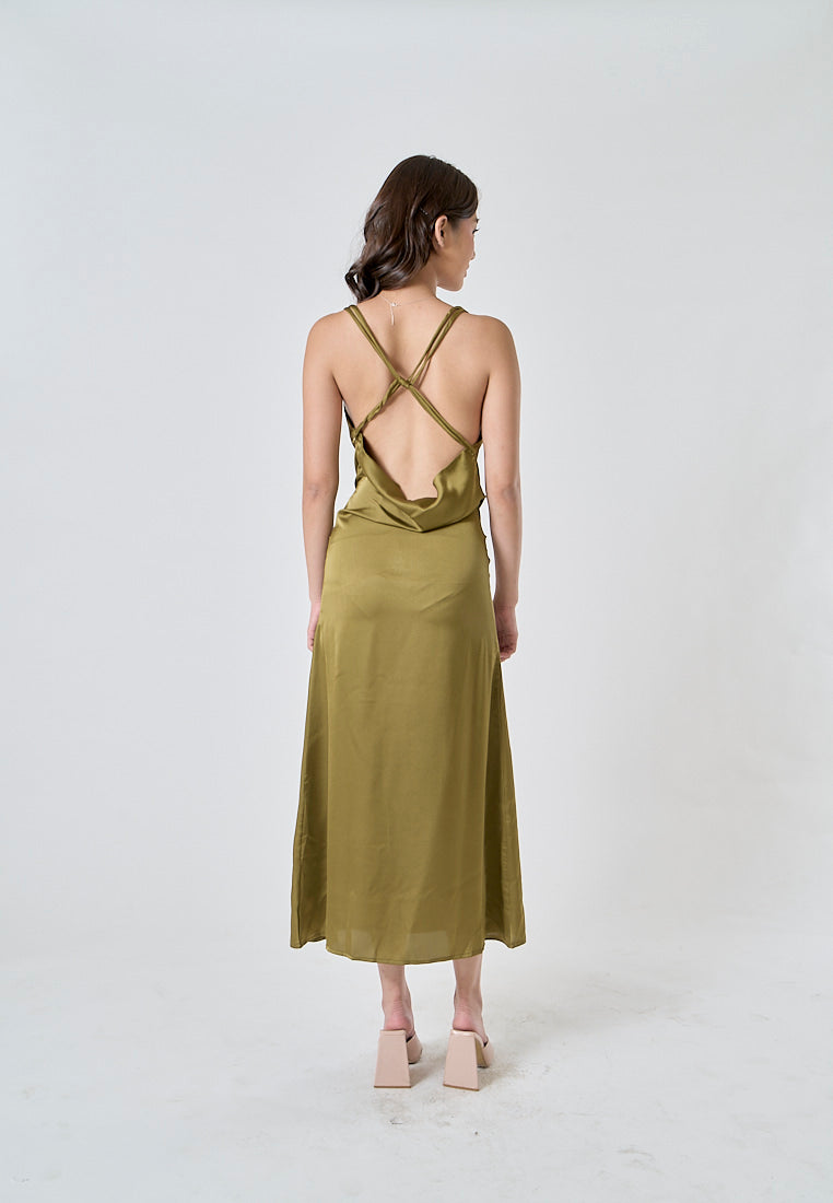 Odelia Green Satin Cowl Neckline Hollow Out Criss Cross Back Sleeveless Midi Dress