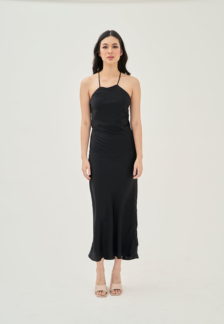 (PRE-ORDER: ETA August 5,2024)Freedom Black Satin Crisscross Sexy Back Side Zipper Sleeveless Maxi Dress