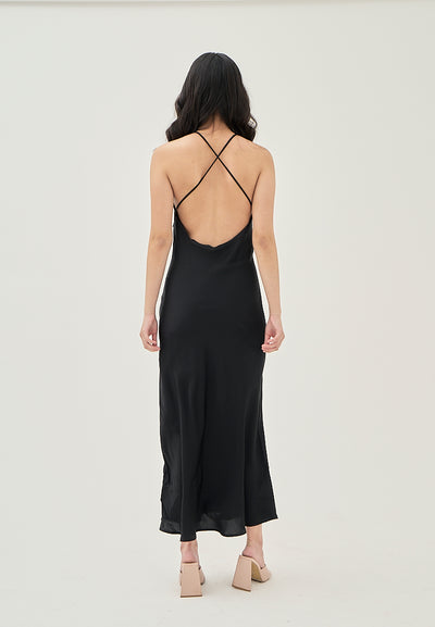 Freedom Black Satin Crisscross Sexy Back Side Zipper Sleeveless Maxi Dress