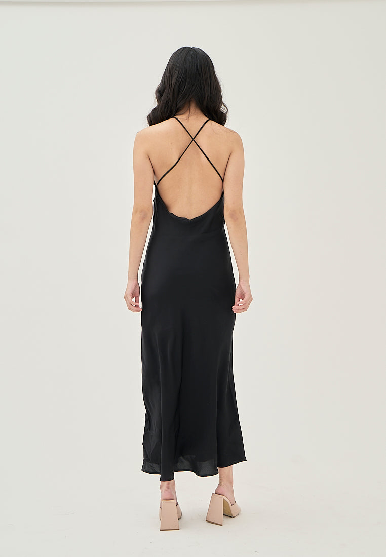 (PRE-ORDER: ETA August 5,2024)Freedom Black Satin Crisscross Sexy Back Side Zipper Sleeveless Maxi Dress