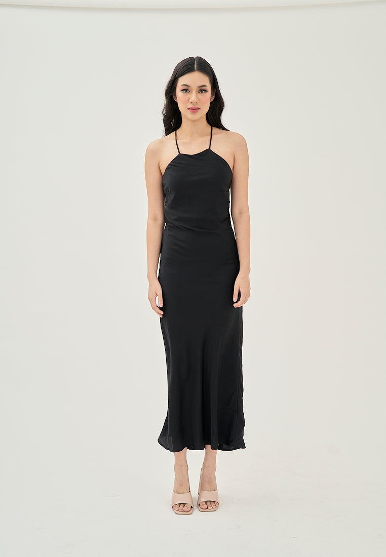 Freedom Black Satin Crisscross Sexy Back Side Zipper Sleeveless Maxi Dress